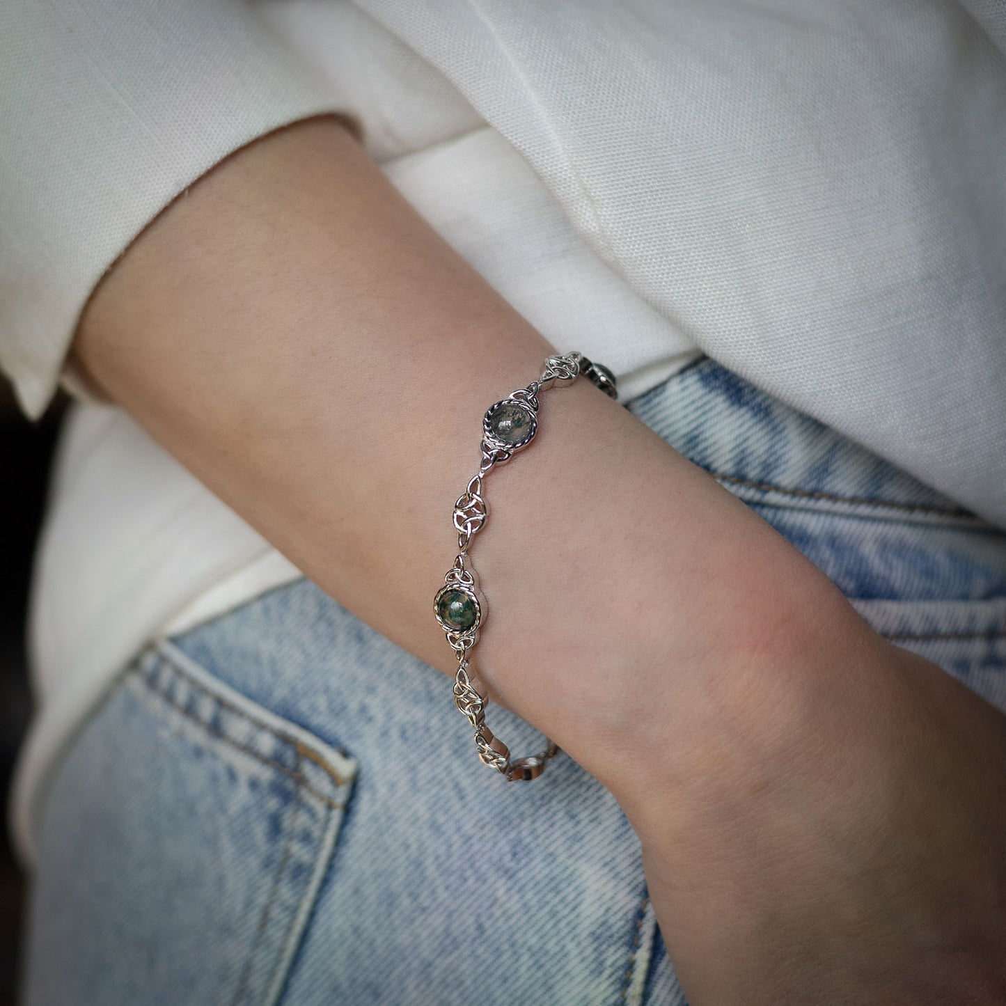 Moss Agate Trinity Bracelet
