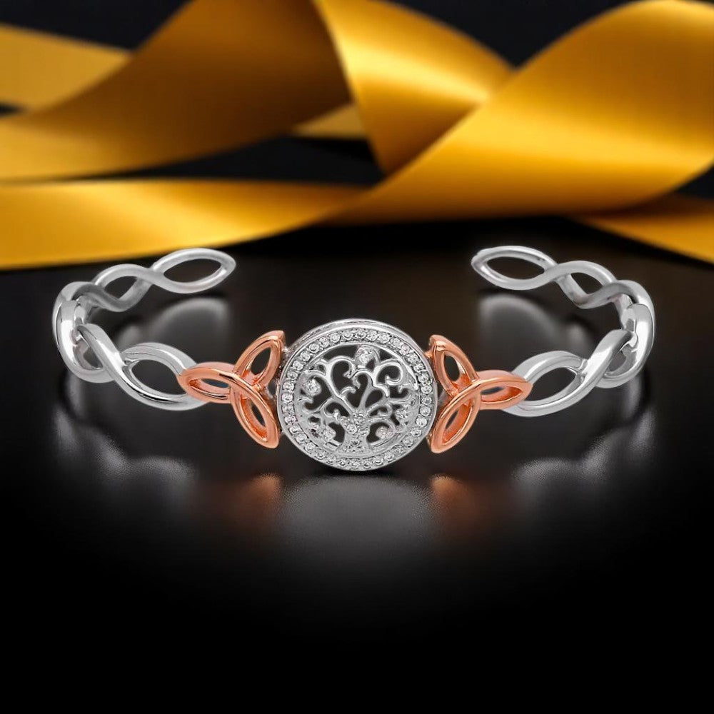 Silver Bangle Tree of Life CZ Cuff with Rose Gold Plated