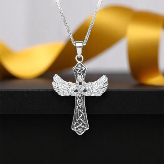 Silver Cross Stone Set Trinity Cross with Angels Wings