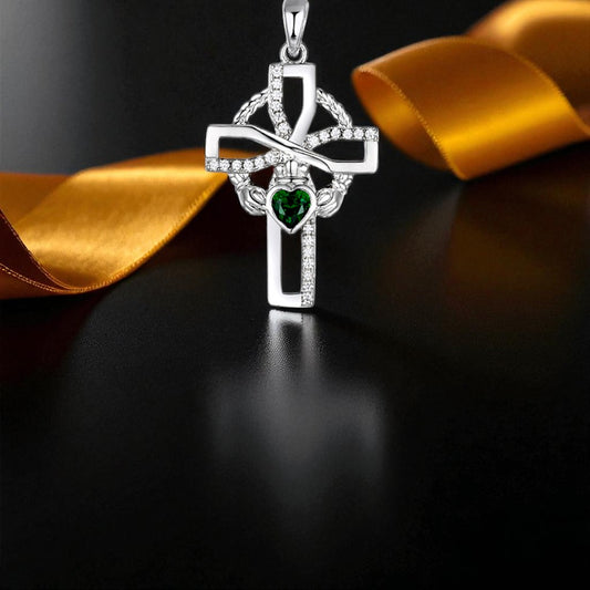 Silver Claddagh Cross Green Heart with CZ