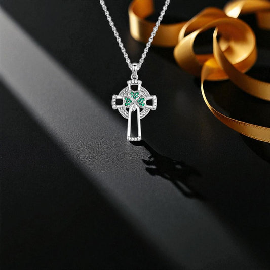 Silver Green Shamrocks Cross with CZ