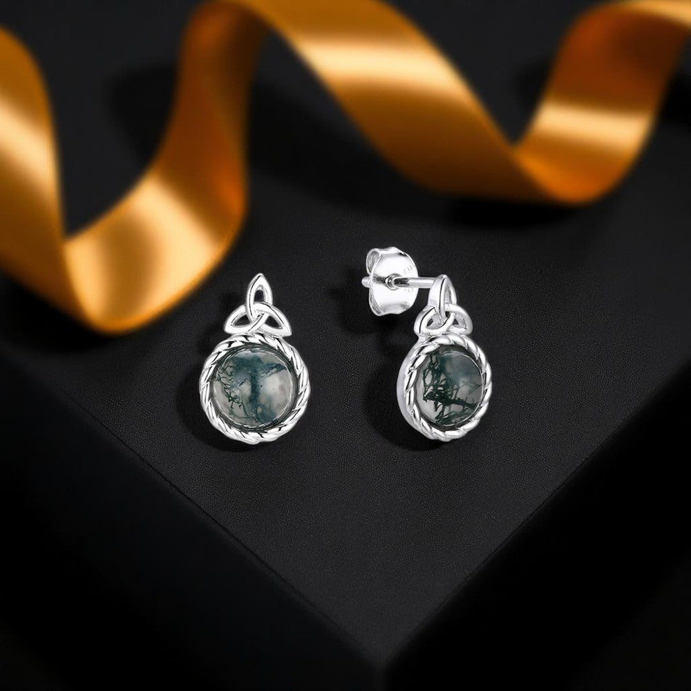 Moss Agate Trinity Stud Earrings