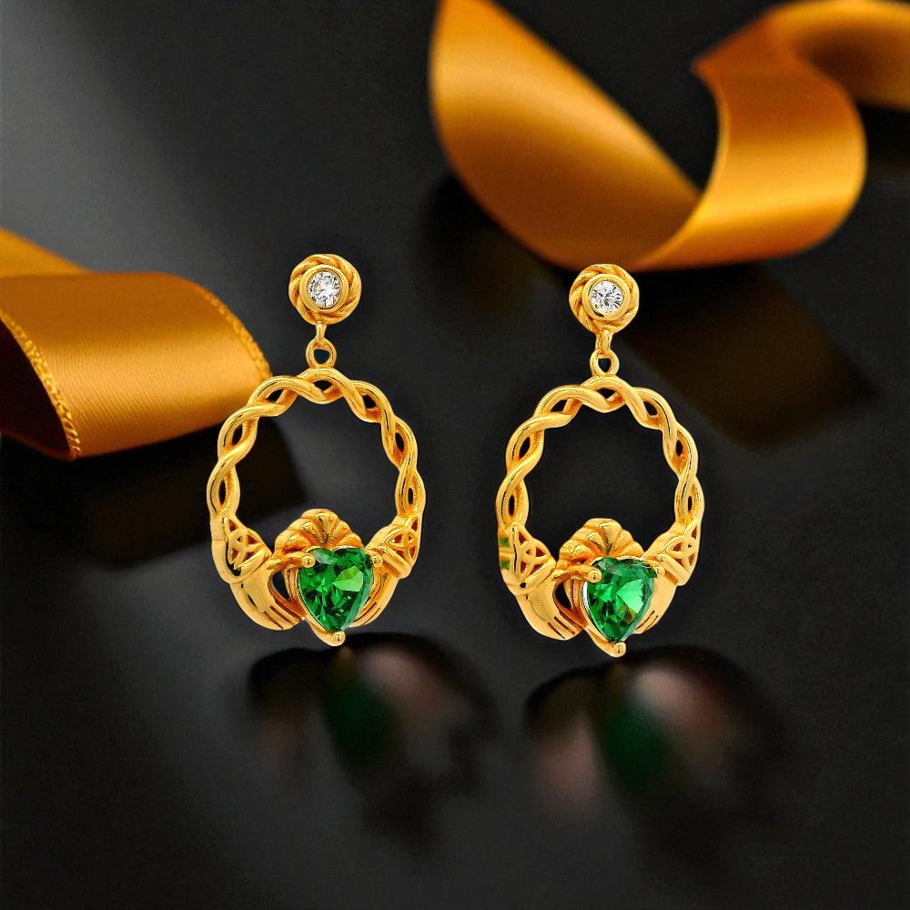 14K Gold Vermeil Green CZ Claddagh Earrings