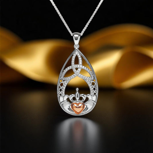 Silver Pendant Stone Set Trinity Teardrop Claddagh