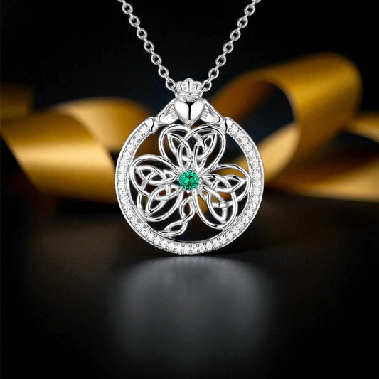 Silver Shamrock Claddagh Pendant with Green/White CZ