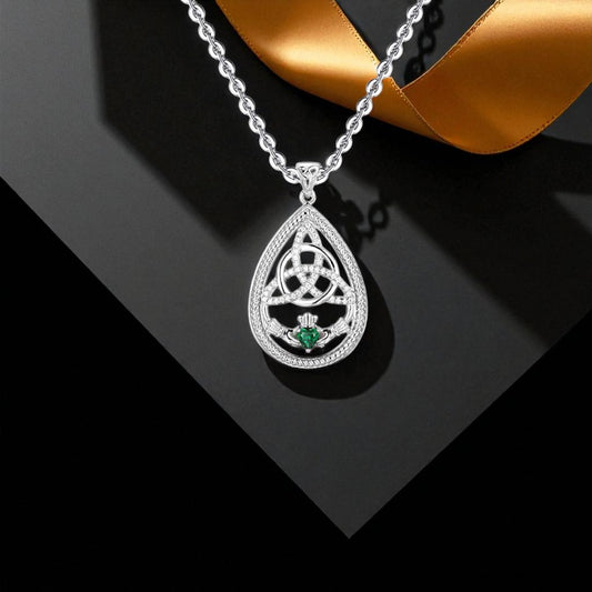 Teardrop Trinity Claddagh Pendant Green Heart & CZ