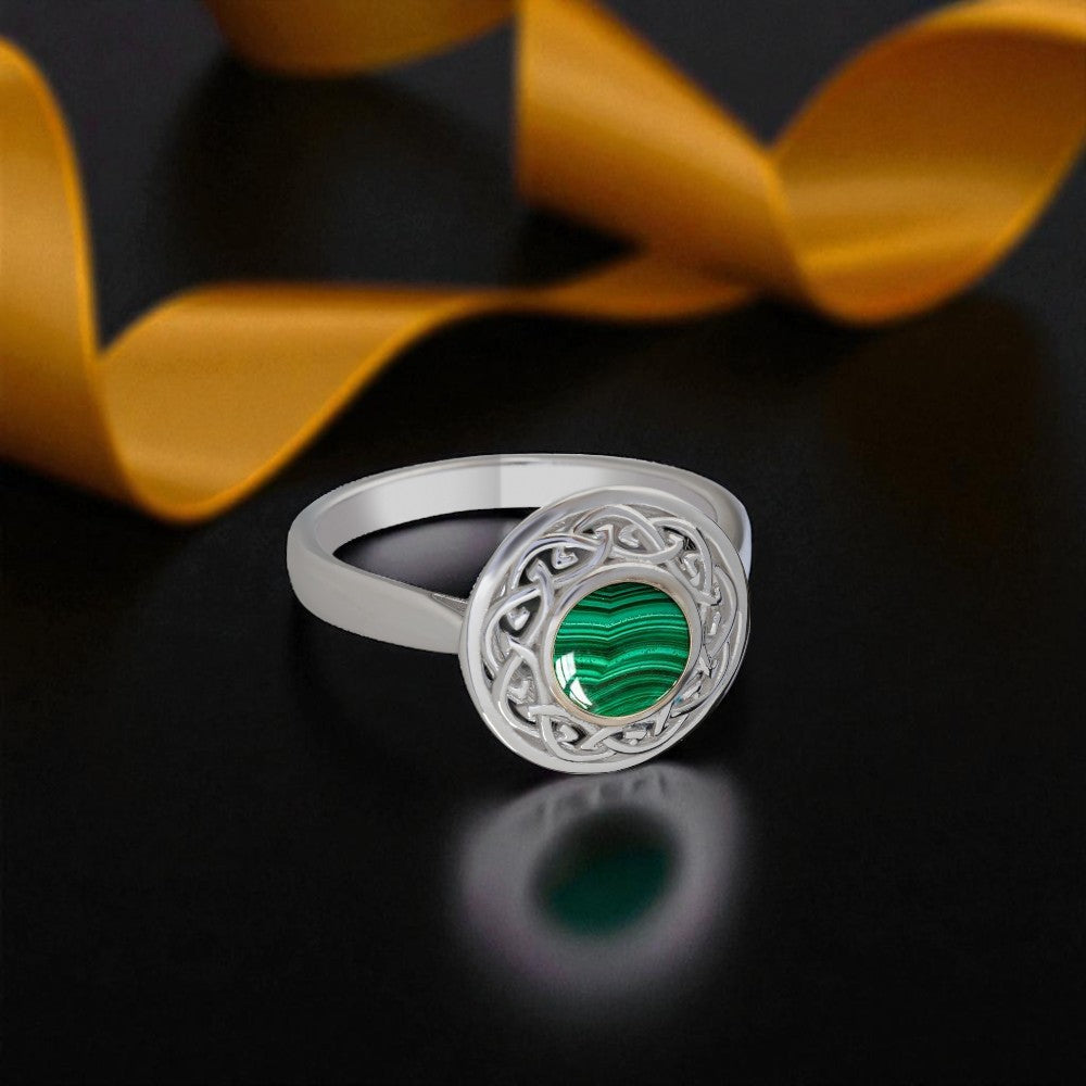 Silver Celtic Knot Ring with Malachite
