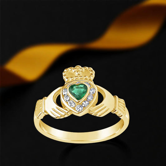 Diamond Set Emerald Claddagh Ring