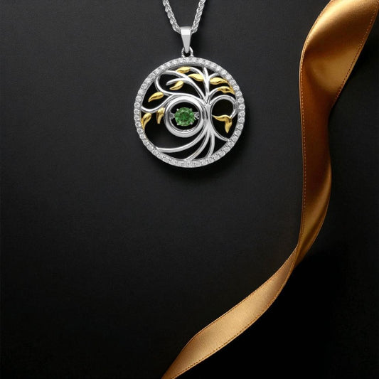 Tree of Life with Clear CZ Surround- Green Stone