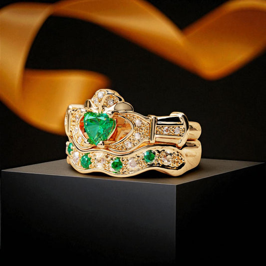 Emerald and Diamond Boru Signature Claddagh Ring and Matching Ring