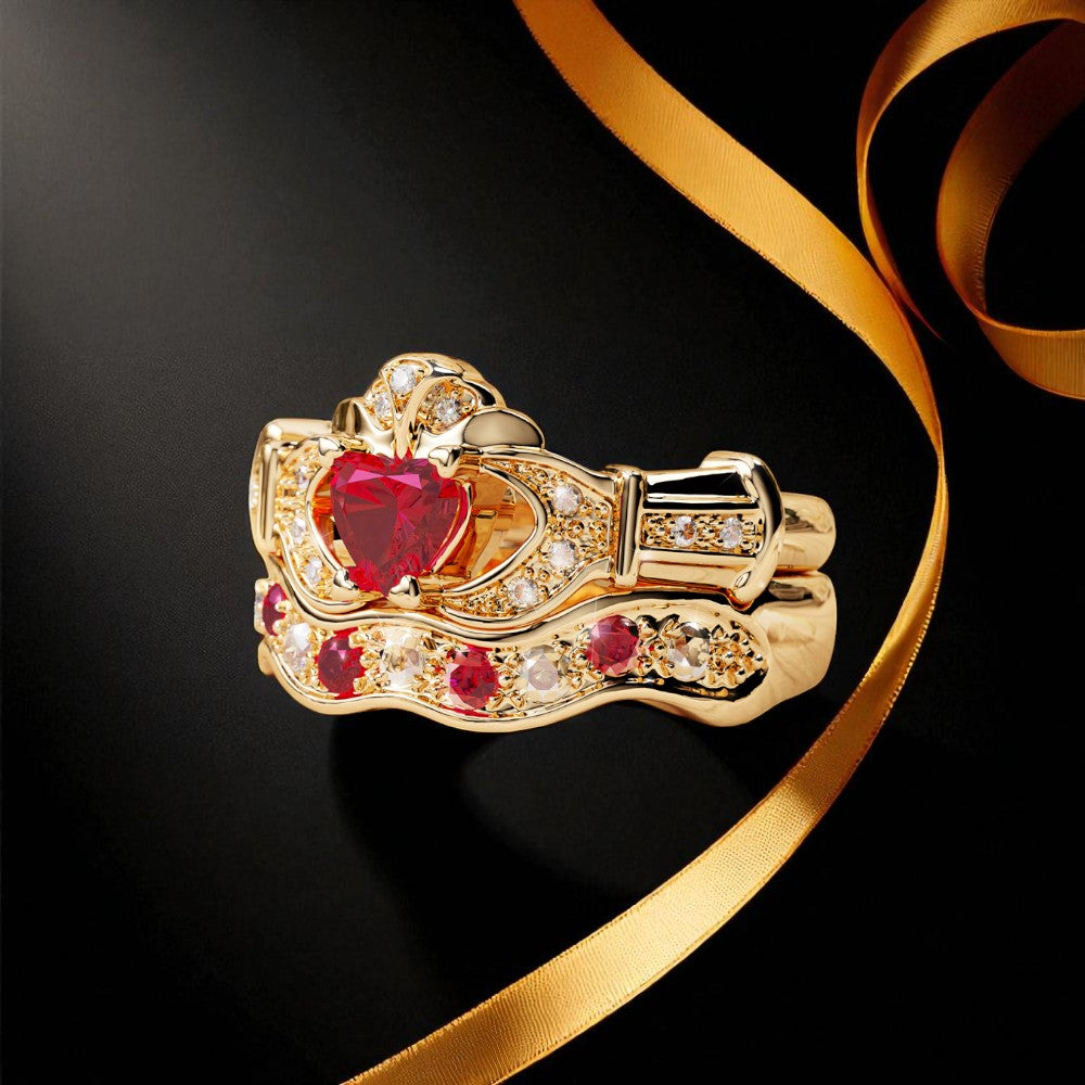 Ruby and Diamond Boru Signature Claddagh Ring and Matching Ring