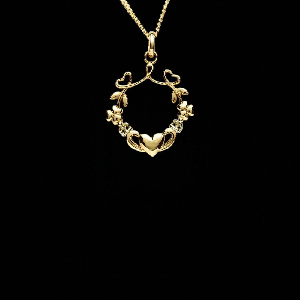14k Gold Vermeil Shamrock Claddagh Pendant