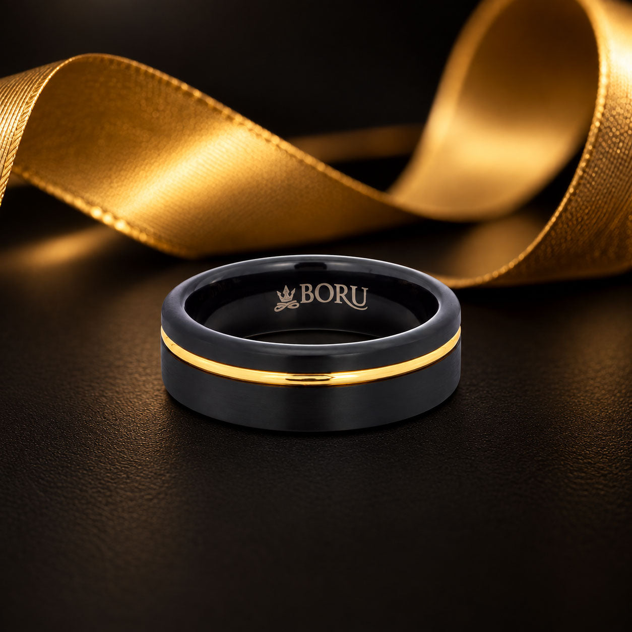 Boru Black Tungsten Ring with Gold Colour Inlay