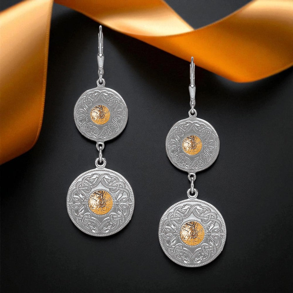 Celtic Warrior Double Disc Drop Earrings with 18K Gold Beads