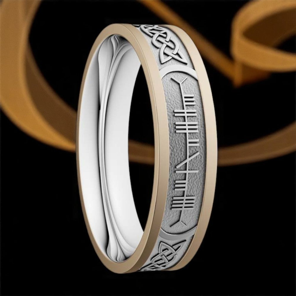 5mm Custom Ogham SoulMate Ring White with Yellow Rails
