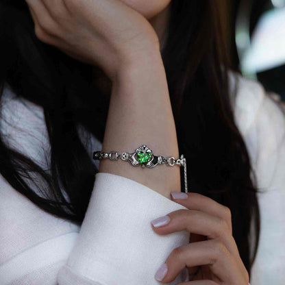 Silver Bangle Claddagh Stone Set Green Medium