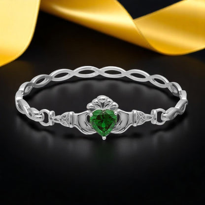 Silver Bangle Claddagh Stone Set Green Medium