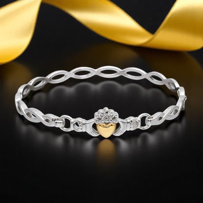 Silver Bangle Solid 10K Heart Claddagh Medium