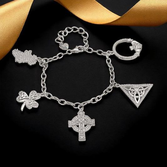 Silver Charm Bracelet - Claddagh|Map|Shamrock|Trinity|Cross