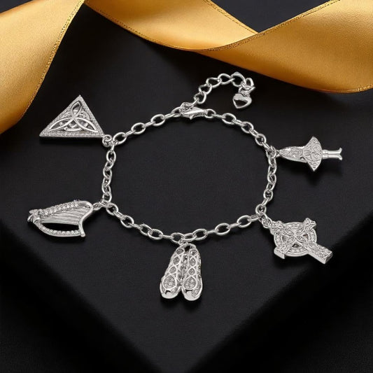 Silver Charm Bracelet-Dancer|Cross|Shoes|Harp|Trinity
