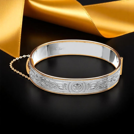 Silver Bangle Wide with Rolled Gold Trims