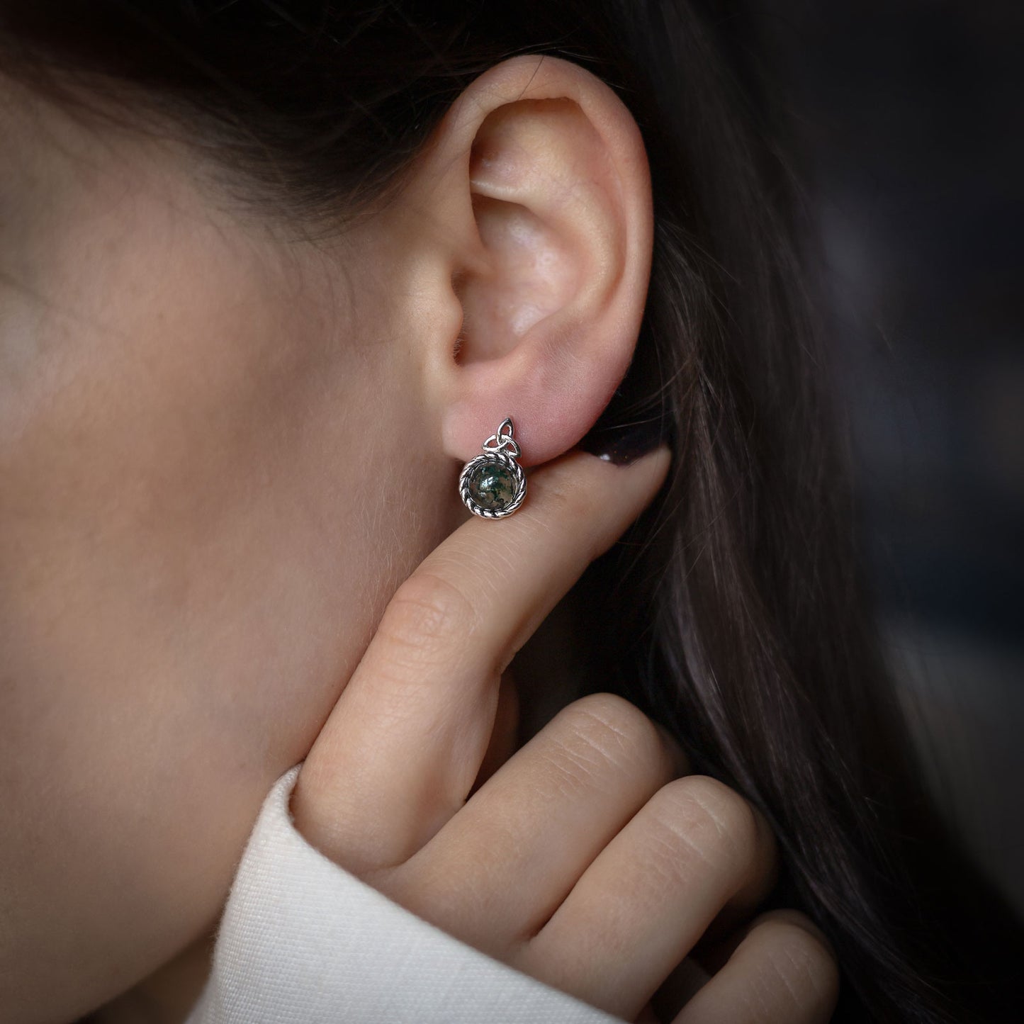 Moss Agate Trinity Stud Earrings
