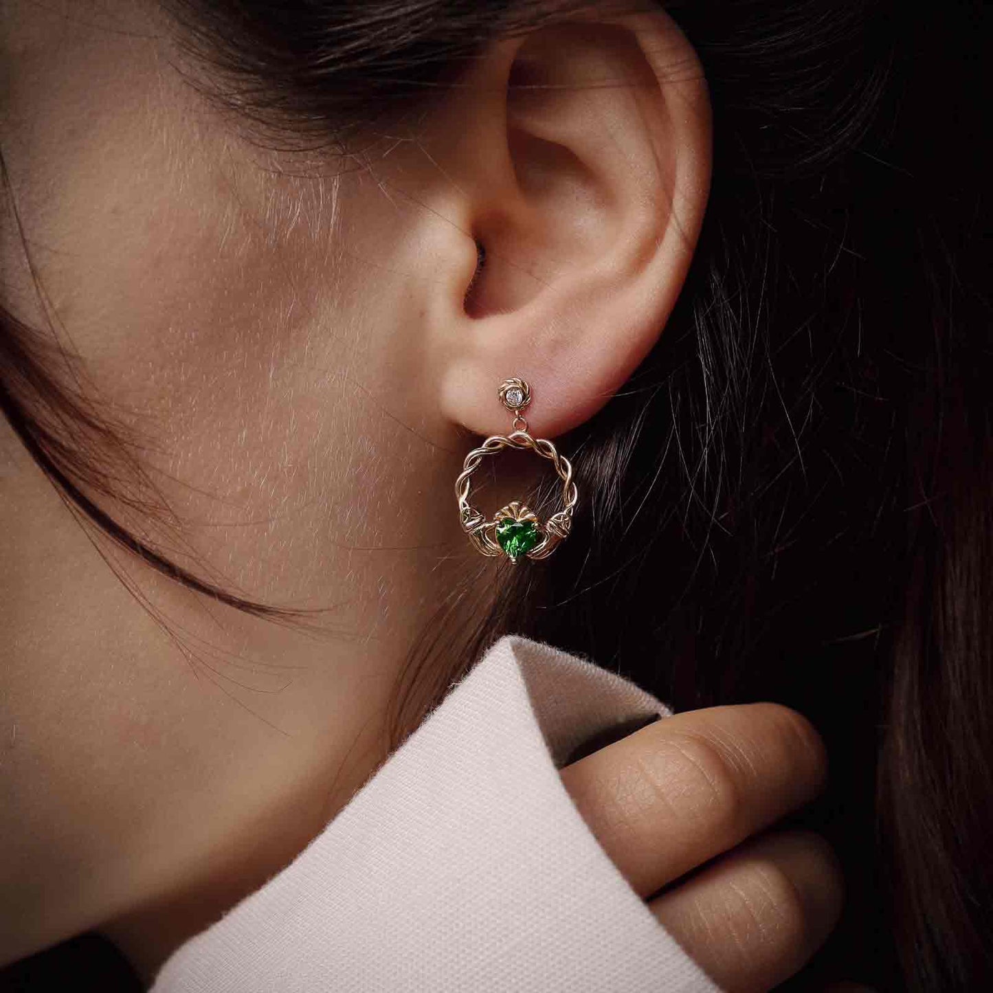 14K Gold Vermeil Green CZ Claddagh Earrings
