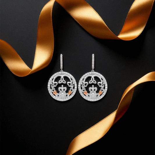 Claddagh & Trinity CZ Drop Earring & Rose Gold Cuffs