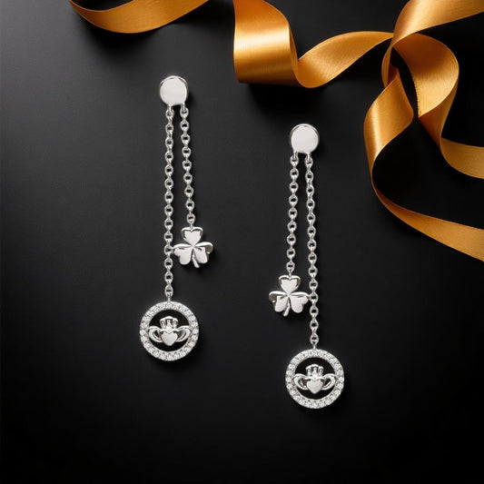 Silver Sharmock & Claddagh Earrings with CZ's