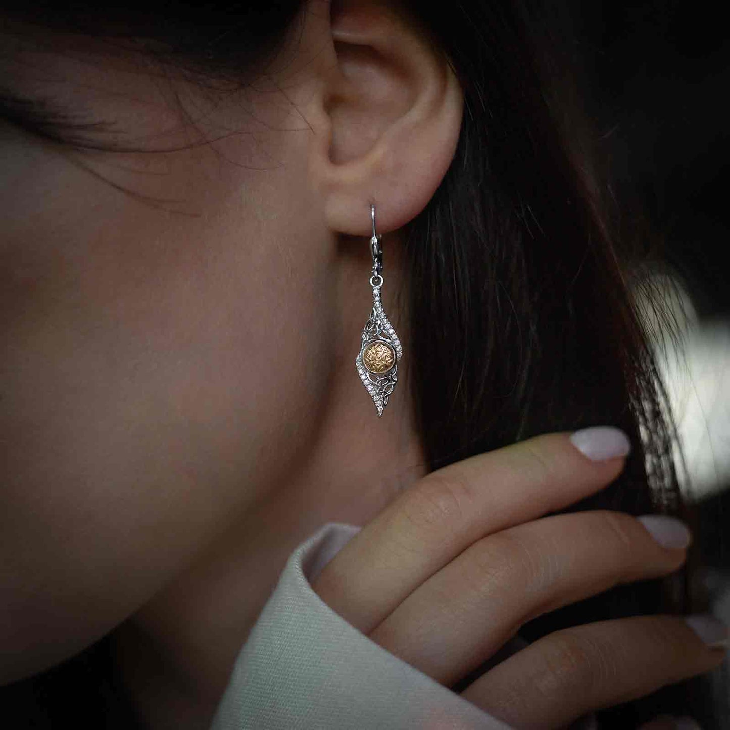 Silver Solstice Earring Twisted Trinity with 18K Bead Drop