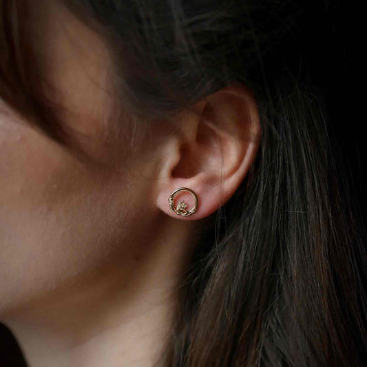 14K Gold Vermeil Traditional Claddagh Earrings - Stud Version