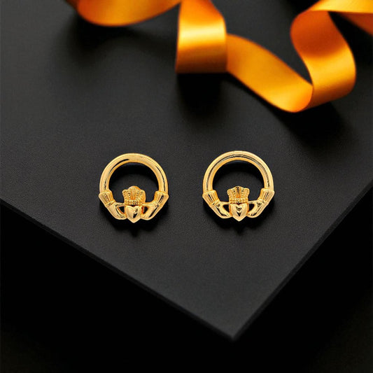 14K Gold Vermeil Traditional Claddagh Earrings - Stud Version