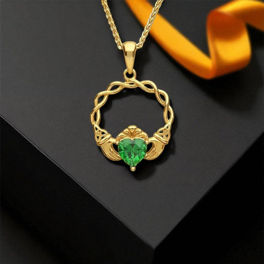 14K Gold Vermeil Green CZ Claddagh Pendant