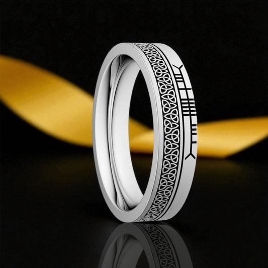 Narrow Trinity Wedding Ring with Ogham
