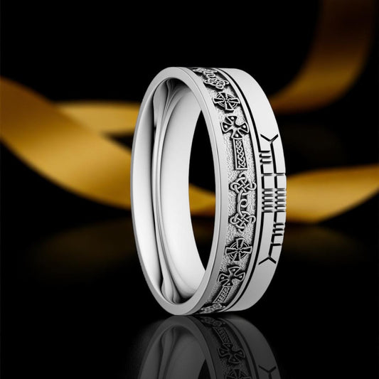 Celtic Cross 7.2mm Wedding Ring with Ogham