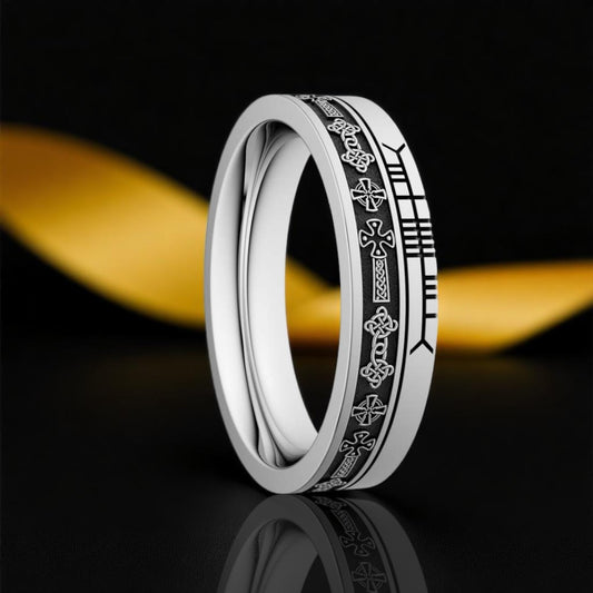 Celtic Cross Wedding Ring with Ogham - Narrow