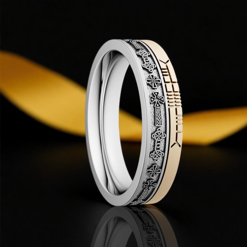 Celtic Cross Wedding Ring with Ogham - Narrow