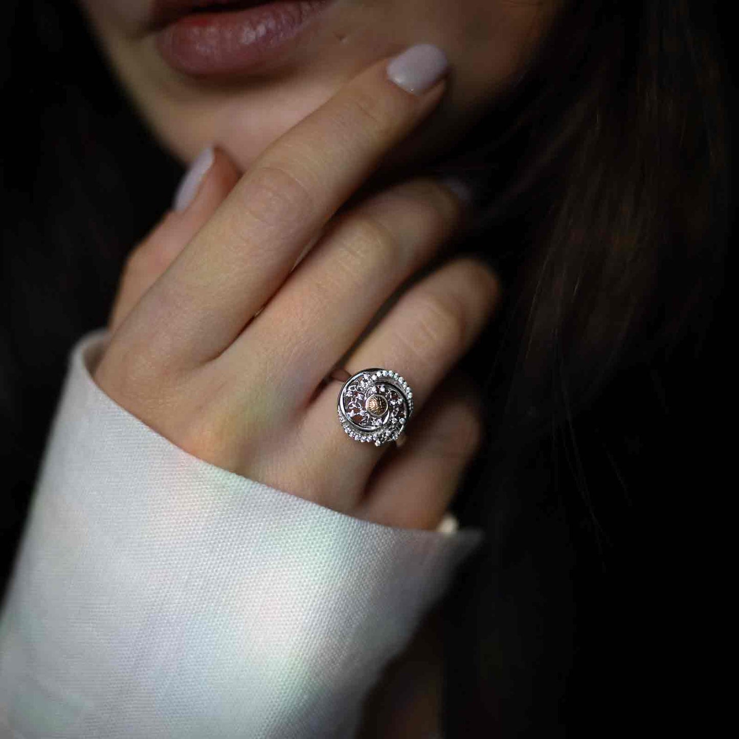 Silver Solstice Ring Swirls with 18K Bead