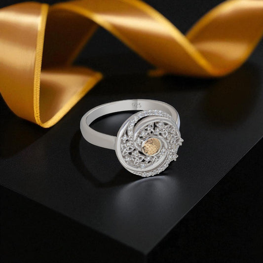 Silver Solstice Ring Swirls with 18K Bead