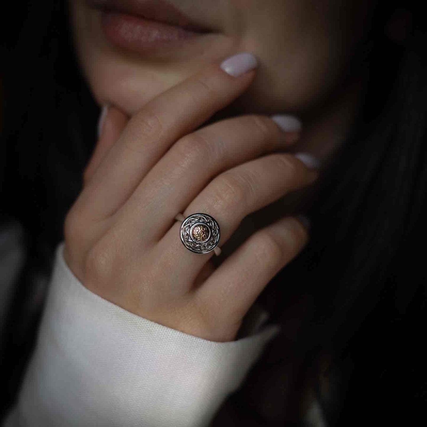 Silver Solstice Ring Celtic Knot with 18K Bead