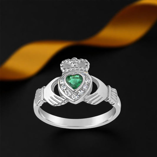 Diamond Set Emerald Claddagh Ring