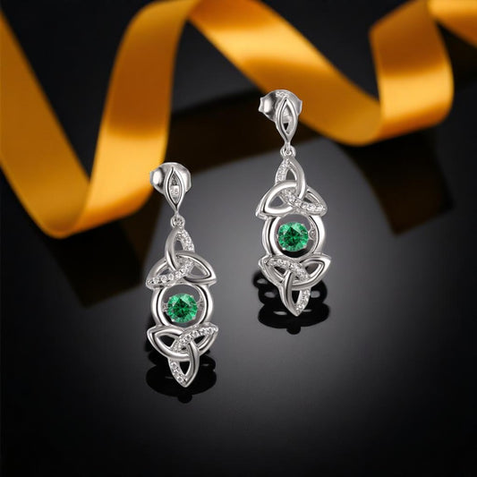 Silver Earrings Dancing Green Stone Trinity
