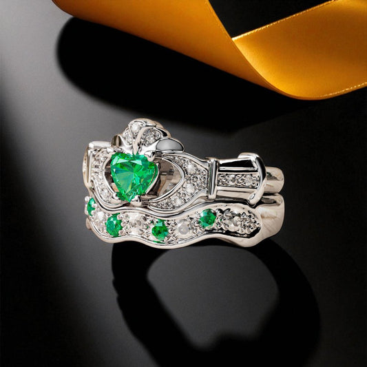 Emerald and Diamond Boru Signature Claddagh Ring and Matching Ring