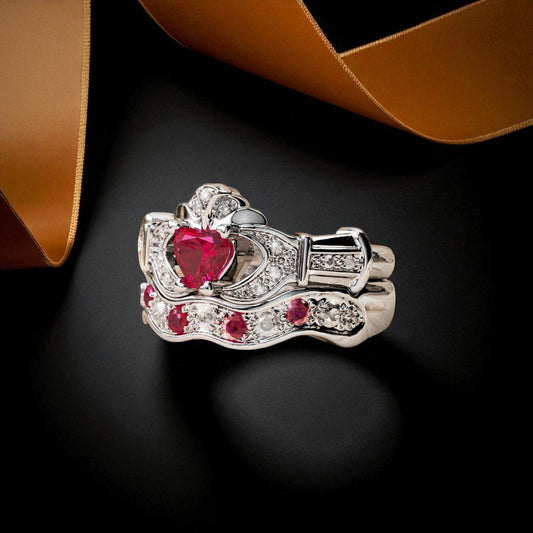 Ruby and Diamond Boru Signature Claddagh Ring and Matching Ring