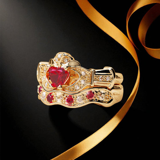 Ruby and Diamond Boru Signature Claddagh Ring and Matching Ring
