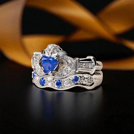 Sapphire and Diamond Boru Signature Claddagh Ring and Matching Ring