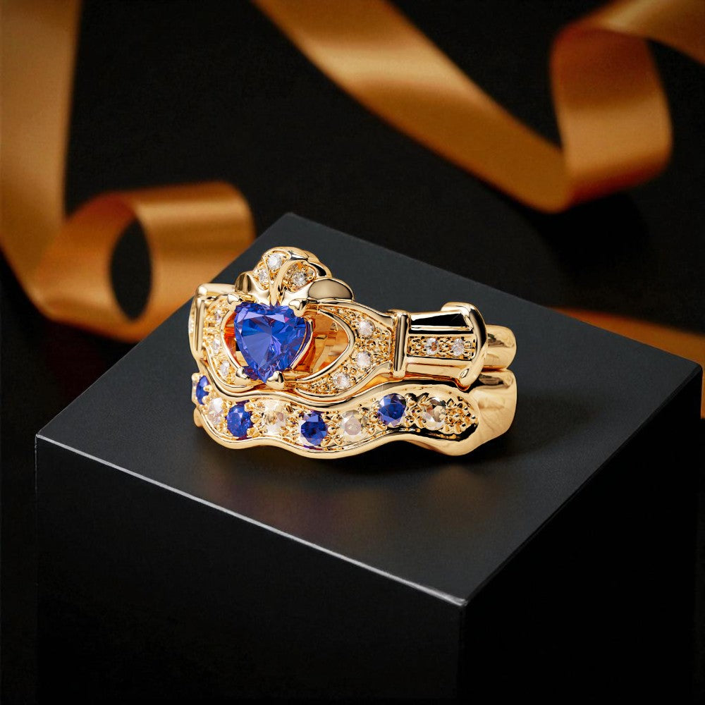 Sapphire and Diamond Boru Signature Claddagh Ring and Matching Ring