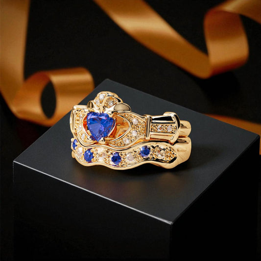 Sapphire and Diamond Boru Signature Claddagh Ring and Matching Ring