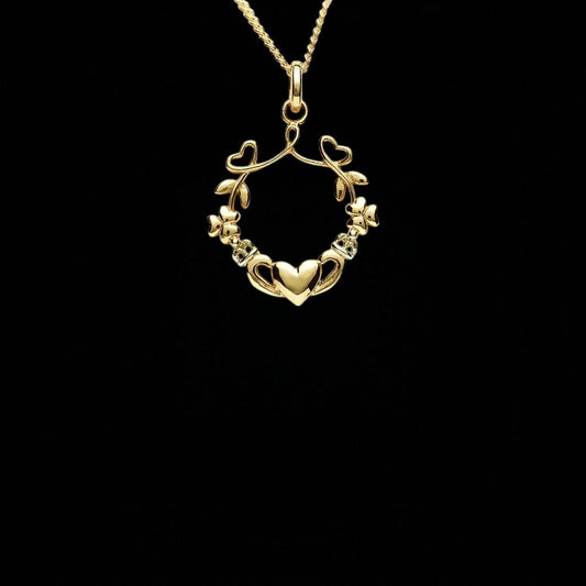 14k Gold Vermeil Shamrock Claddagh Pendant