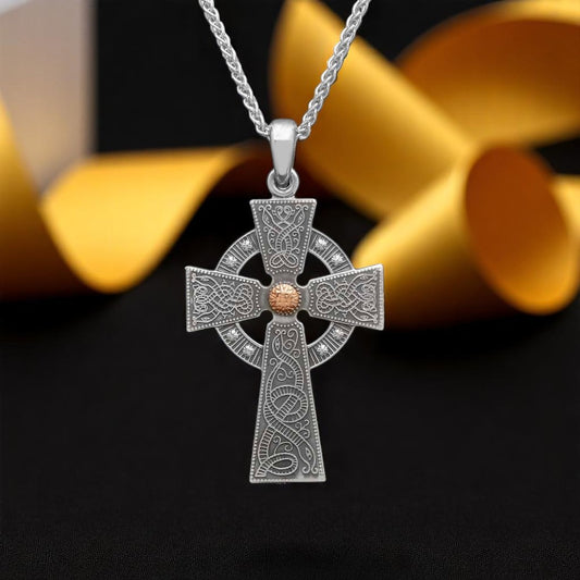 Antiqued Silver & Rose Gold Bead Cross Celtic Warrior 20" Chain